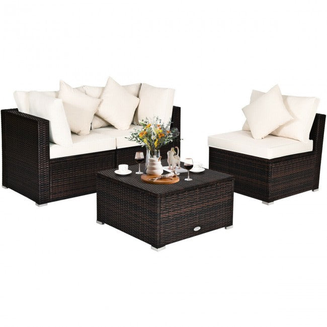 4 Pieces Patio Rattan Furniture Set Sectional Conversation Sofa Set with Ottoman and Cushion