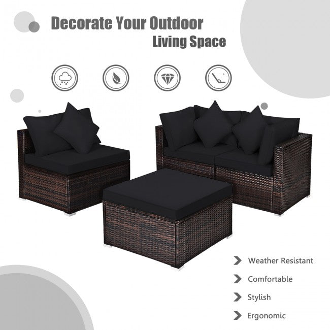 4 Pieces Patio Rattan Furniture Set Sectional Conversation Sofa Set with Ottoman and Cushion