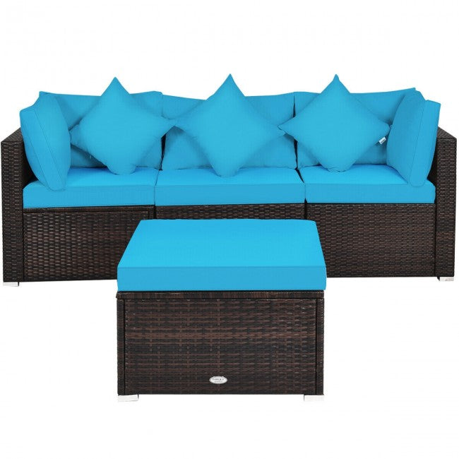 4 Pieces Patio Rattan Furniture Set Sectional Conversation Sofa Set with Ottoman and Cushion