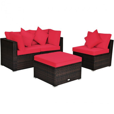 4 Pieces Patio Rattan Furniture Set Sectional Conversation Sofa Set with Ottoman and Cushion