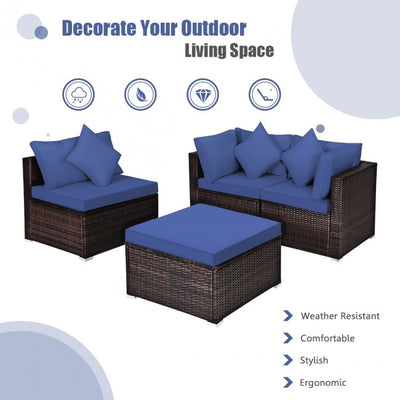 4 Pieces Patio Rattan Furniture Set Sectional Conversation Sofa Set with Ottoman and Cushion