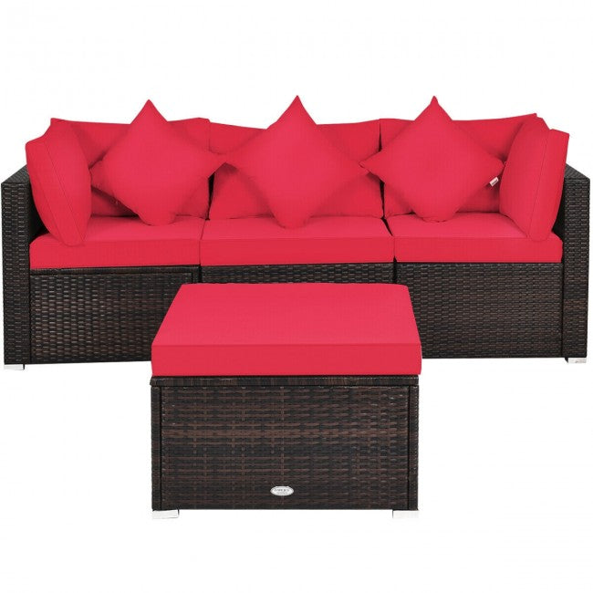 4 Pieces Patio Rattan Furniture Set Sectional Conversation Sofa Set with Ottoman and Cushion