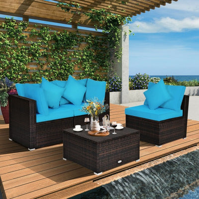 4 Pieces Patio Rattan Furniture Set Sectional Conversation Sofa Set with Ottoman and Cushion