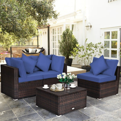 4 Pieces Patio Rattan Furniture Set Sectional Conversation Sofa Set with Ottoman and Cushion