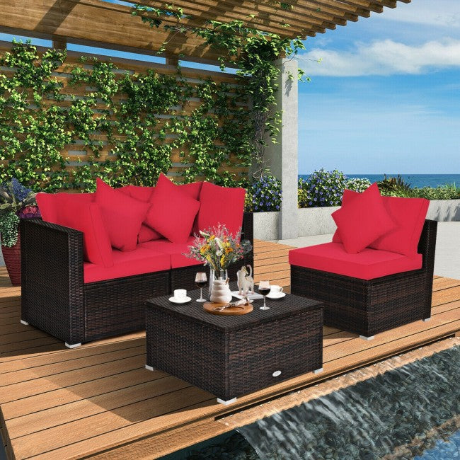 4 Pieces Patio Rattan Furniture Set Sectional Conversation Sofa Set with Ottoman and Cushion