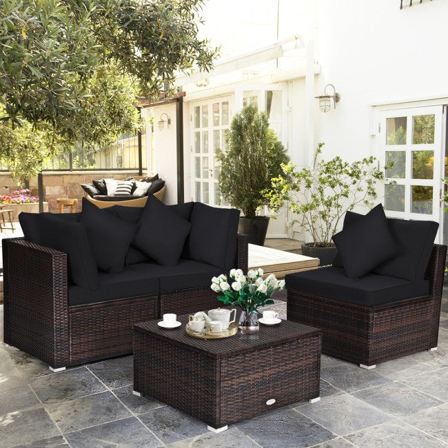 4 Pieces Patio Rattan Furniture Set Sectional Conversation Sofa Set with Ottoman and Cushion