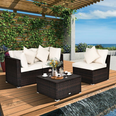 4 Pieces Patio Rattan Furniture Set Sectional Conversation Sofa Set with Ottoman and Cushion