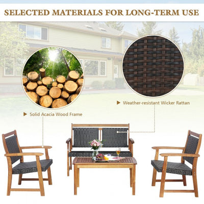 4 Pieces Outdoor Acacia Wood Chat Set Patio Rattan Furniture Conversation Set with Coffee Table