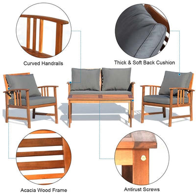 4 Pieces Outdoor Acacia Wood Furniture Set Patio Sofa Chair Conversation Set with Cushions