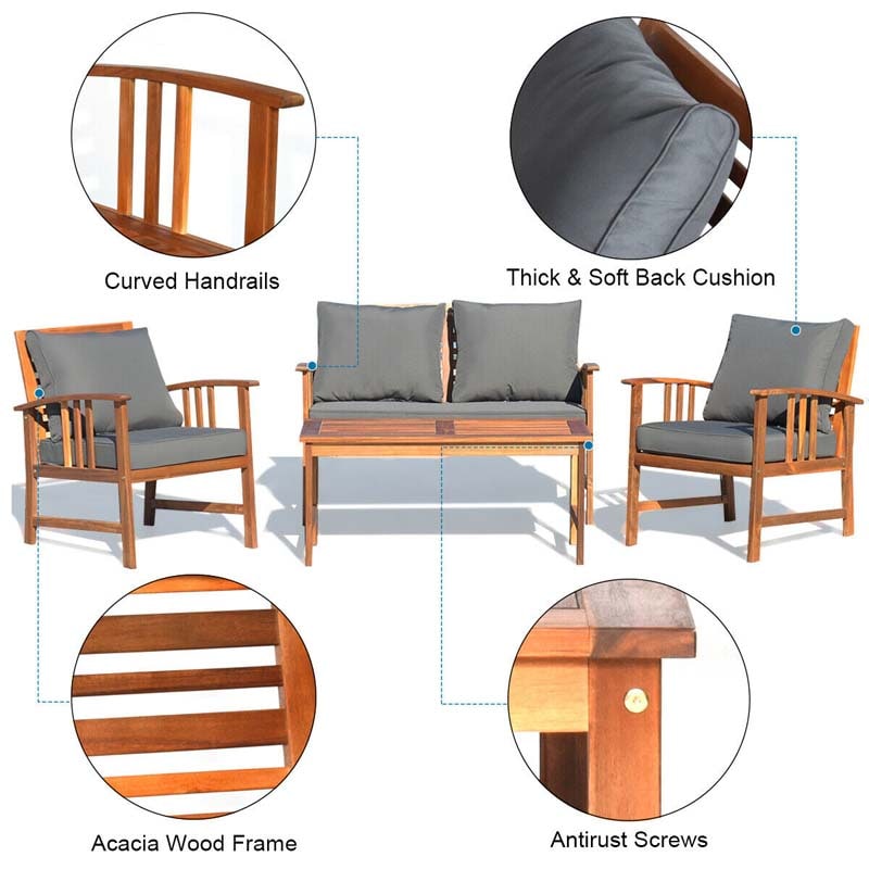 4 Pieces Outdoor Acacia Wood Furniture Set Patio Sofa Chair Conversation Set with Cushions