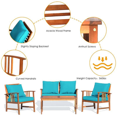 4 Pieces Outdoor Acacia Wood Furniture Set Patio Sofa Chair Conversation Set with Cushions