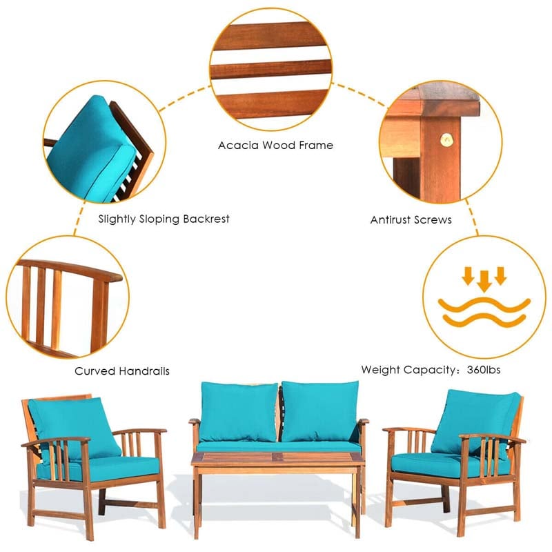 4 Pieces Outdoor Acacia Wood Furniture Set Patio Sofa Chair Conversation Set with Cushions