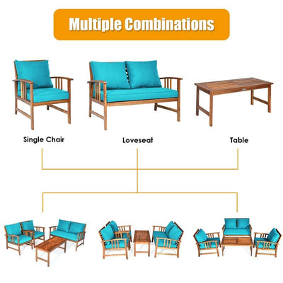 4 Pieces Outdoor Acacia Wood Furniture Set Patio Sofa Chair Conversation Set with Cushions