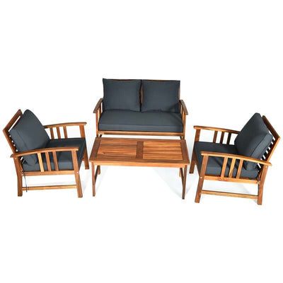 4 Pieces Outdoor Acacia Wood Furniture Set Patio Sofa Chair Conversation Set with Cushions