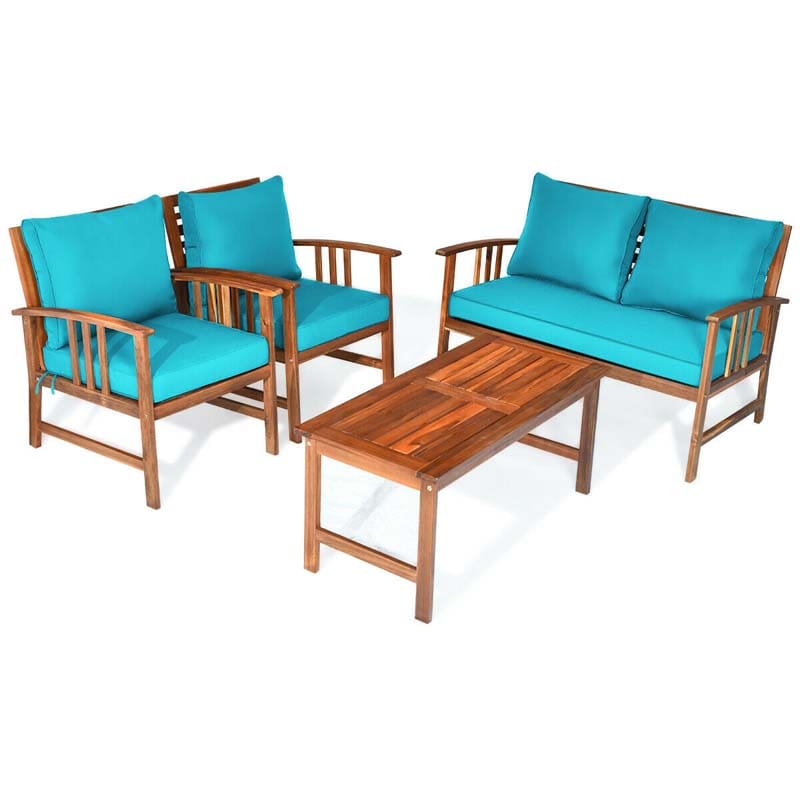 4 Pieces Outdoor Acacia Wood Furniture Set Patio Sofa Chair Conversation Set with Cushions