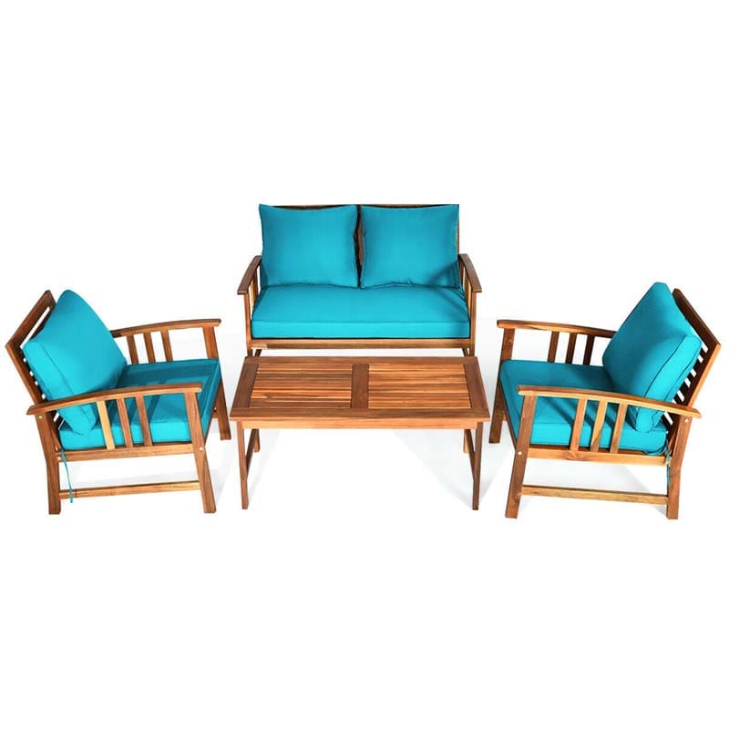 4 Pieces Outdoor Acacia Wood Furniture Set Patio Sofa Chair Conversation Set with Cushions