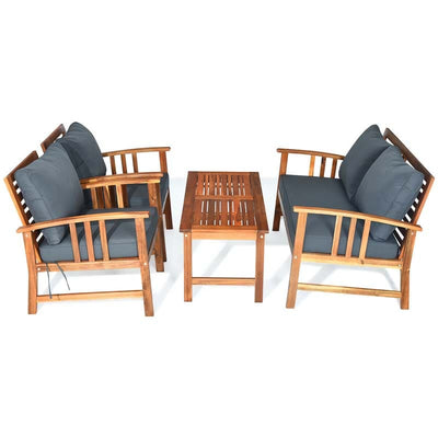 4 Pieces Outdoor Acacia Wood Furniture Set Patio Sofa Chair Conversation Set with Cushions