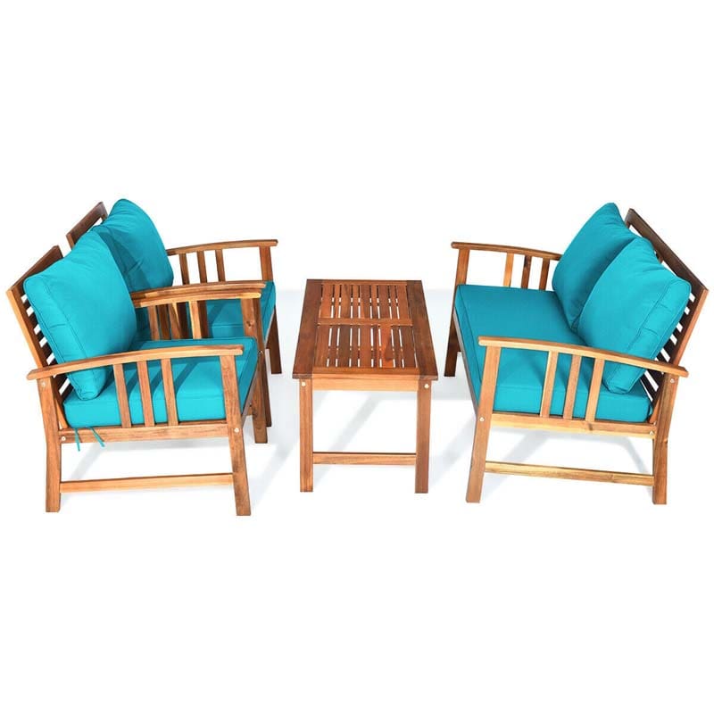 4 Pieces Outdoor Acacia Wood Furniture Set Patio Sofa Chair Conversation Set with Cushions