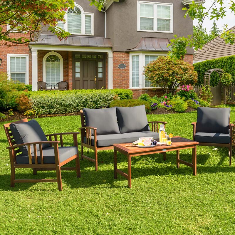 4 Pieces Outdoor Acacia Wood Furniture Set Patio Sofa Chair Conversation Set with Cushions