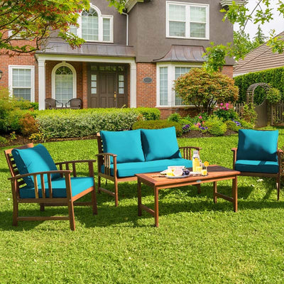 4 Pieces Outdoor Acacia Wood Furniture Set Patio Sofa Chair Conversation Set with Cushions