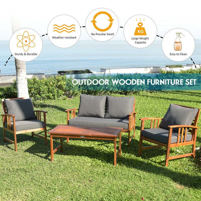 4 Pieces Outdoor Acacia Wood Furniture Set Patio Sofa Chair Conversation Set with Cushions
