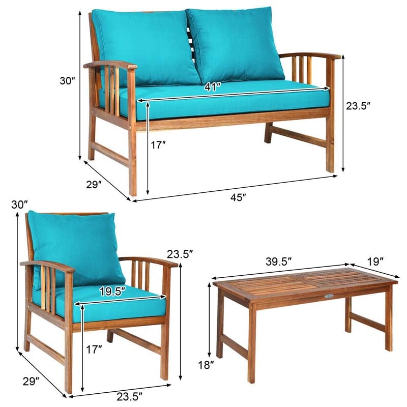 4 Pieces Outdoor Acacia Wood Furniture Set Patio Sofa Chair Conversation Set with Cushions