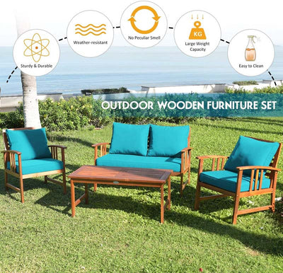 4 Pieces Outdoor Acacia Wood Furniture Set Patio Sofa Chair Conversation Set with Cushions