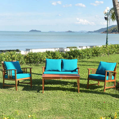 4 Pieces Outdoor Acacia Wood Furniture Set Patio Sofa Chair Conversation Set with Cushions