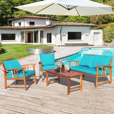 4 Pieces Outdoor Acacia Wood Furniture Set Patio Sofa Chair Conversation Set with Cushions