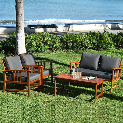 4 Pieces Outdoor Acacia Wood Furniture Set Patio Sofa Chair Conversation Set with Cushions