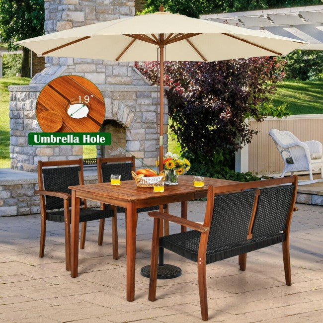 4 Pieces Outdoor Acacia Wood Dining Table Set Patio Loveseat with Stackable Chairs and Umbrella Hole