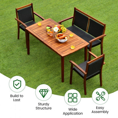 4 Pieces Outdoor Acacia Wood Dining Table Set Patio Loveseat with Stackable Chairs and Umbrella Hole