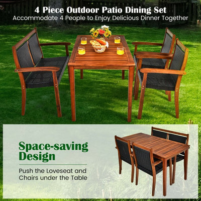 4 Pieces Outdoor Acacia Wood Dining Table Set Patio Loveseat with Stackable Chairs and Umbrella Hole