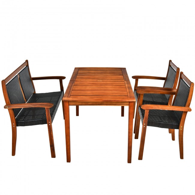 4 Pieces Outdoor Acacia Wood Dining Table Set Patio Loveseat with Stackable Chairs and Umbrella Hole