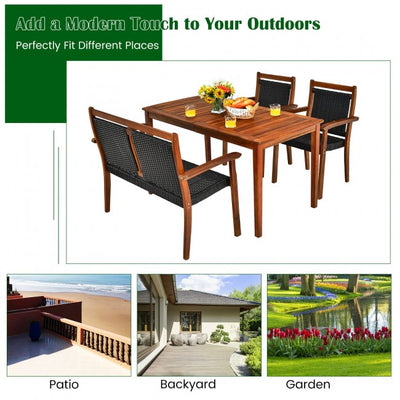 4 Pieces Outdoor Acacia Wood Dining Table Set Patio Loveseat with Stackable Chairs and Umbrella Hole