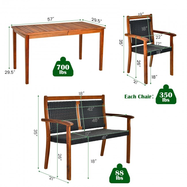 4 Pieces Outdoor Acacia Wood Dining Table Set Patio Loveseat with Stackable Chairs and Umbrella Hole