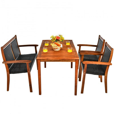 4 Pieces Outdoor Acacia Wood Dining Table Set Patio Loveseat with Stackable Chairs and Umbrella Hole