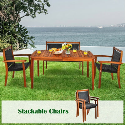 4 Pieces Outdoor Acacia Wood Dining Table Set Patio Loveseat with Stackable Chairs and Umbrella Hole