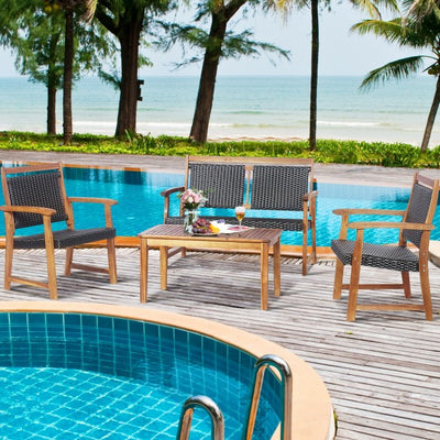 4 Pieces Outdoor Acacia Wood Chat Set Patio Rattan Furniture Conversation Set with Coffee Table