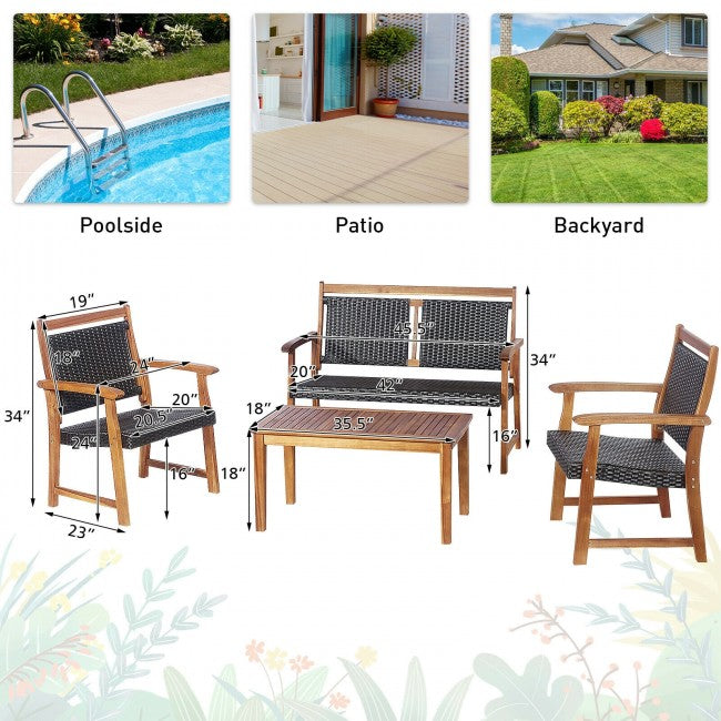 4 Pieces Outdoor Acacia Wood Chat Set Patio Rattan Furniture Conversation Set with Coffee Table