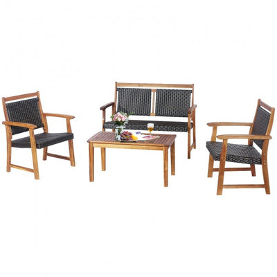 4 Pieces Outdoor Acacia Wood Chat Set Patio Rattan Furniture Conversation Set with Coffee Table