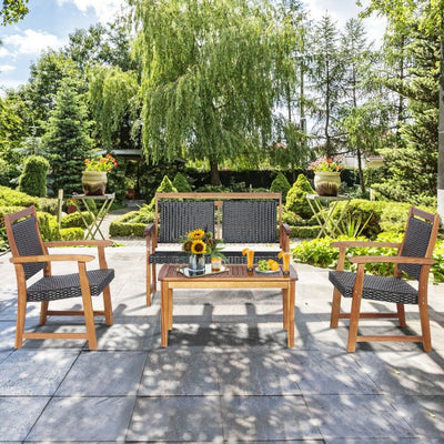 4 Pieces Outdoor Acacia Wood Chat Set Patio Rattan Furniture Conversation Set with Coffee Table
