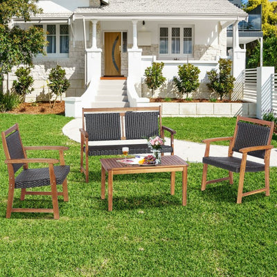 4 Pieces Outdoor Acacia Wood Chat Set Patio Rattan Furniture Conversation Set with Coffee Table