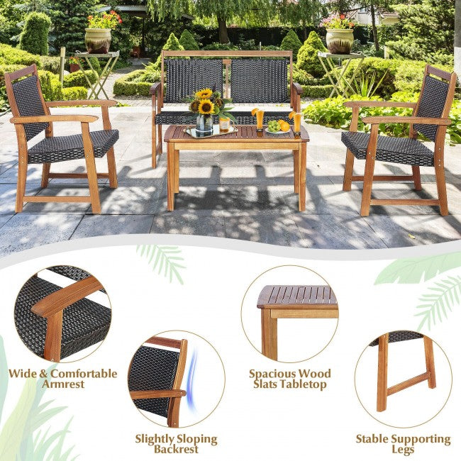 4 Pieces Outdoor Acacia Wood Chat Set Patio Rattan Furniture Conversation Set with Coffee Table