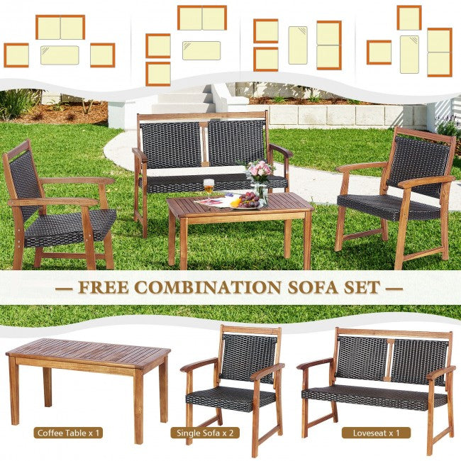 4 Pieces Outdoor Acacia Wood Chat Set Patio Rattan Furniture Conversation Set with Coffee Table