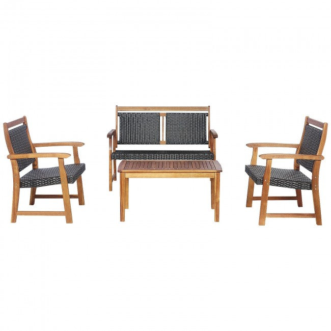 4 Pieces Outdoor Acacia Wood Chat Set Patio Rattan Furniture Conversation Set with Coffee Table