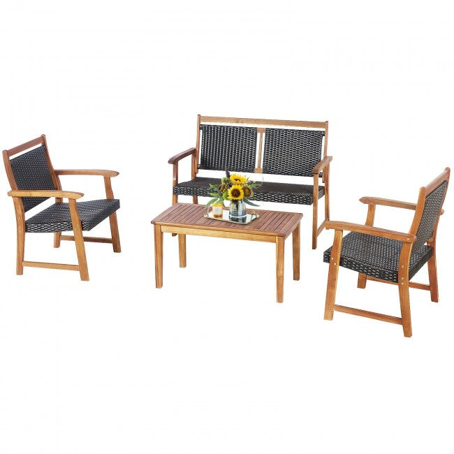 4 Pieces Outdoor Acacia Wood Chat Set Patio Rattan Furniture Conversation Set with Coffee Table