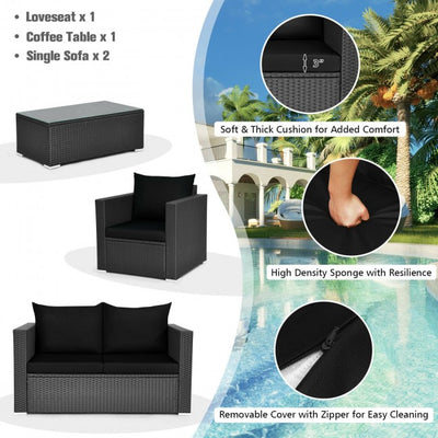 4 Pieces Rattan Patio Furniture Set Outdoor Sectional Conversation Sofa Set with Table and Cushion