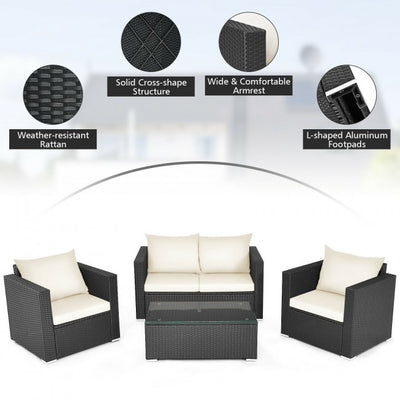 4 Pieces Rattan Patio Furniture Set Outdoor Sectional Conversation Sofa Set with Table and Cushion