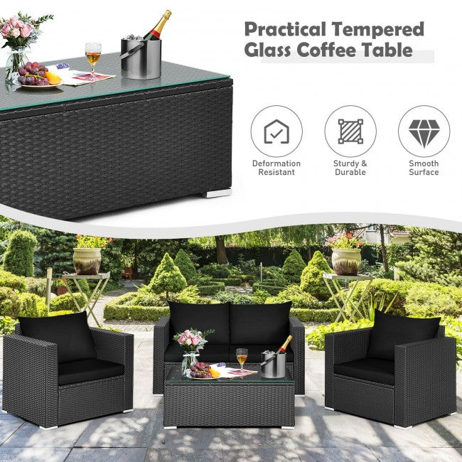 4 Pieces Rattan Patio Furniture Set Outdoor Sectional Conversation Sofa Set with Table and Cushion